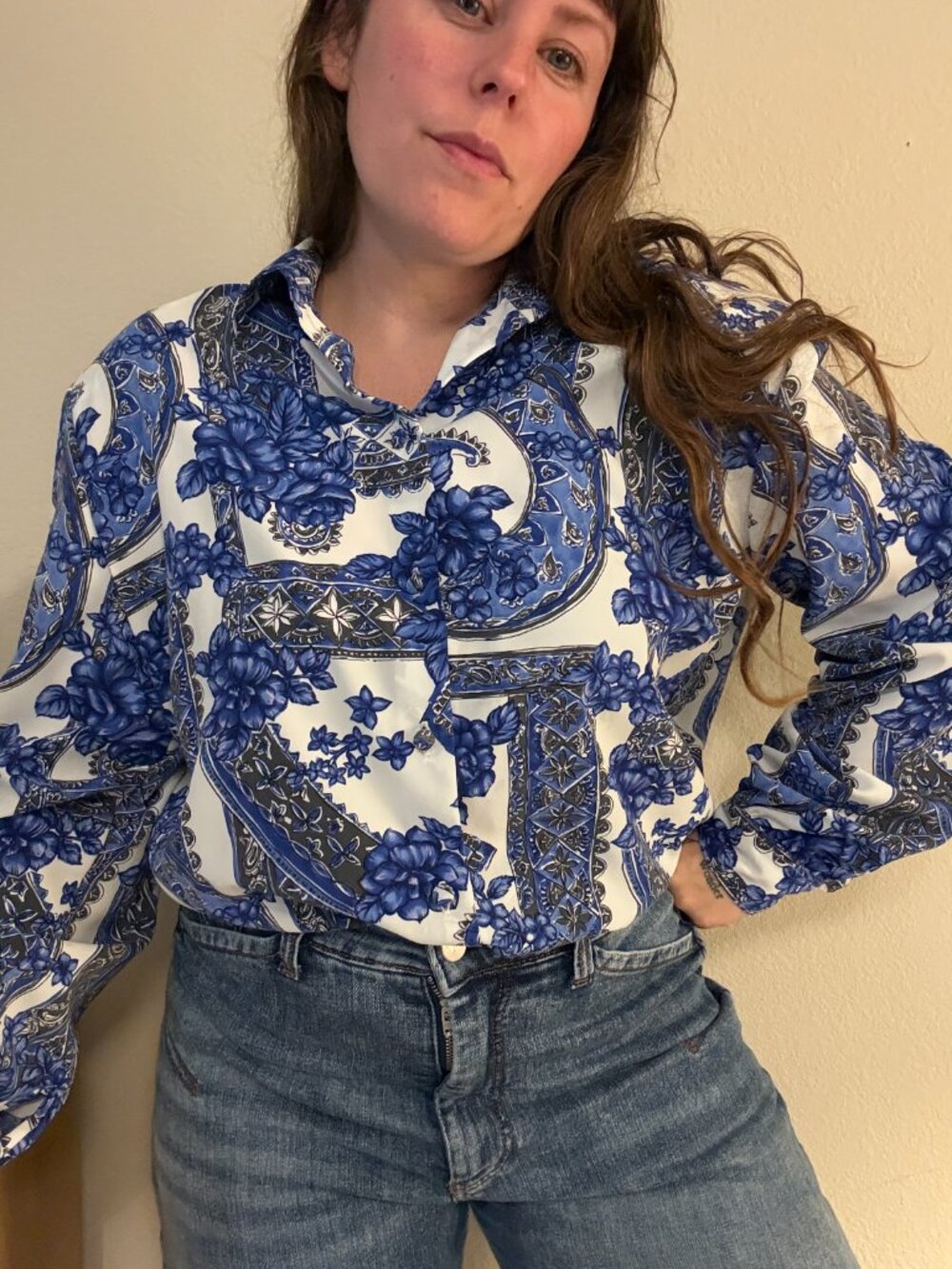 PRICE FIRM Vintage Y2K Blue White Toile Printed Floral Secretary Blouse XL